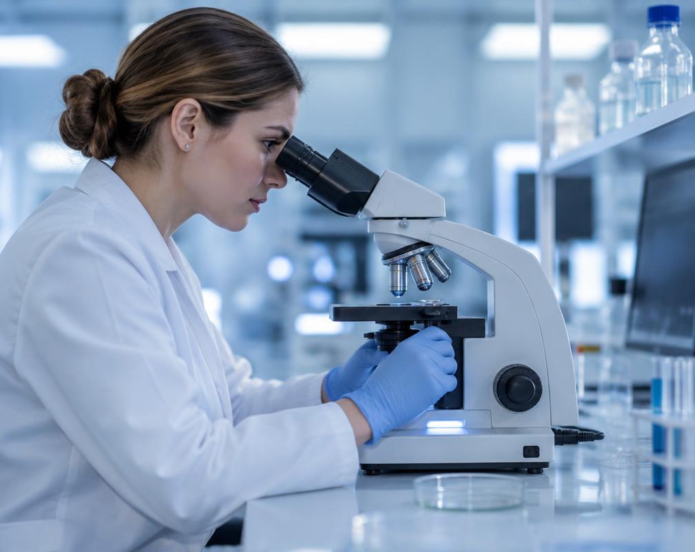 Laboratory scientist examining a sample under a microscope