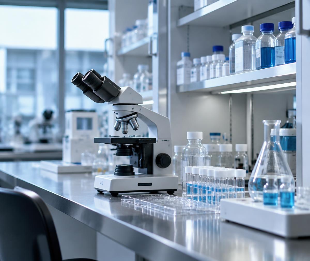 Clinical laboratory bench with a microscope, reagent bottles and glassware