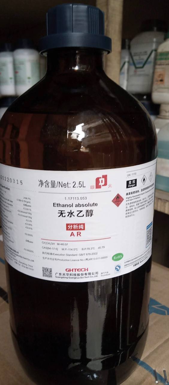 2.5 litre amber bottle of Ethanol absolute analytical reagent