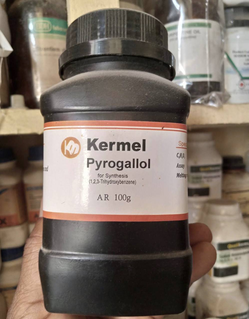 Bottle of Pyrogallol analytical reagent grade chemical
