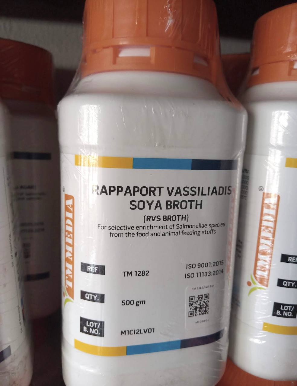 Bottles of Rappaport Vassiliadis Soya Broth culture medium